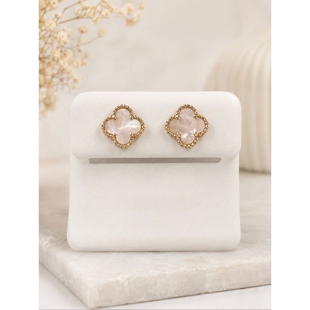 Mother of Pearl Clover Stud Earrings Gold Vermeil Beaded Trim Elegant Gift New - Picture 5 of 5